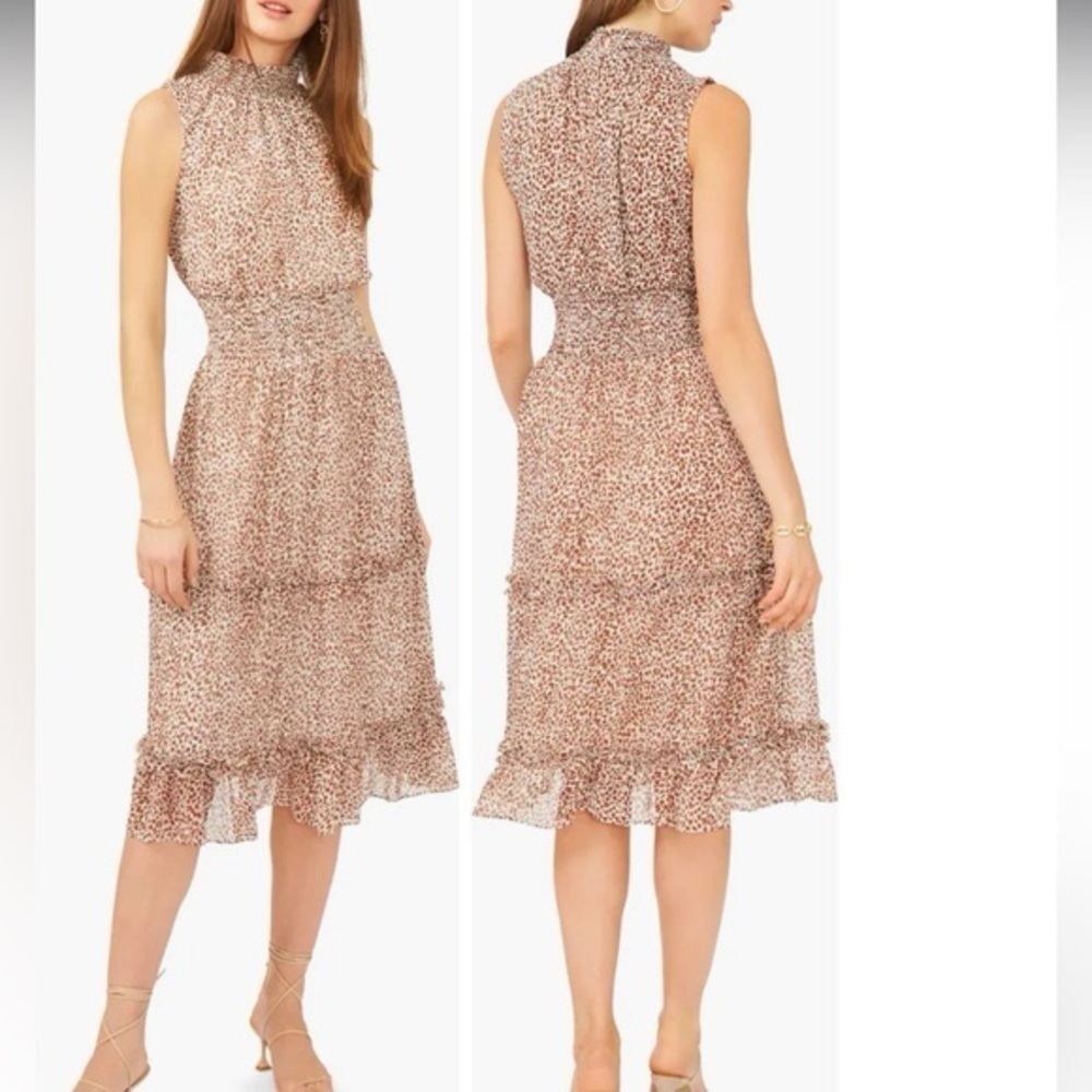 1. STATE sleeveless animal print smock neck tiered midi dress Waistband Sz M